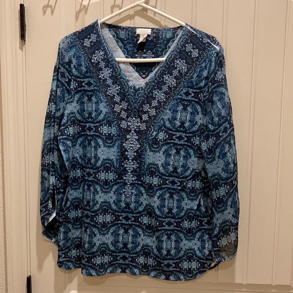 Chico’s Women’s Sz L V-Neck Rhinestone Sparkles 3/4 Sheer Sleeve Abstract Print